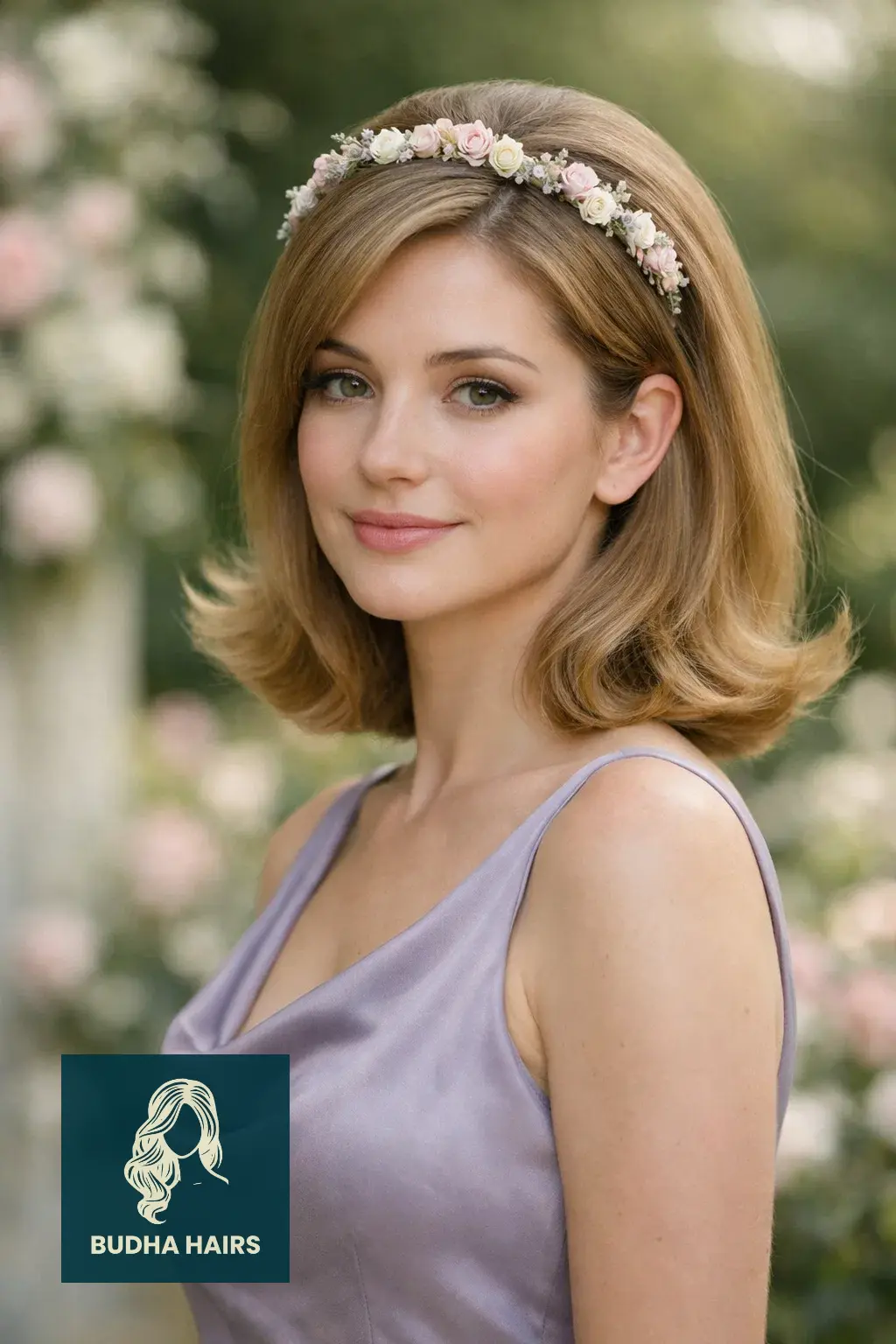30 Bridesmaid Hairstyles That Blend Elegance with Modern Style 22 1960s Retro Flip with Floral Headband