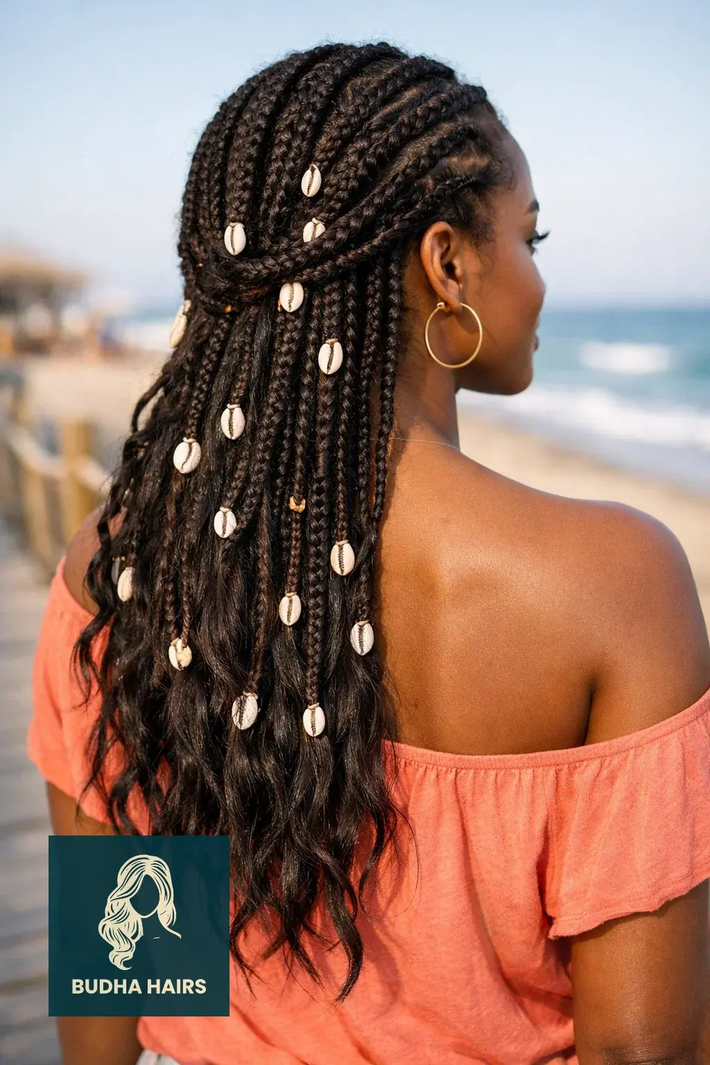 40 Best Vacation Hairstyles for Black Women: Protective & Chic 24 Bohemian Feed-in Braids with Shell Accessories