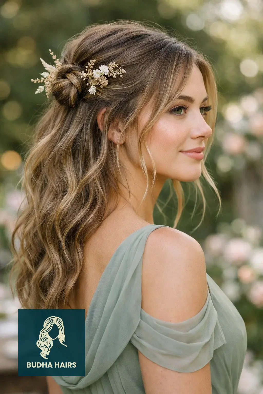 30 Bridesmaid Hairstyles That Blend Elegance with Modern Style 26 Boho Half-Up Knot with Dried Florals