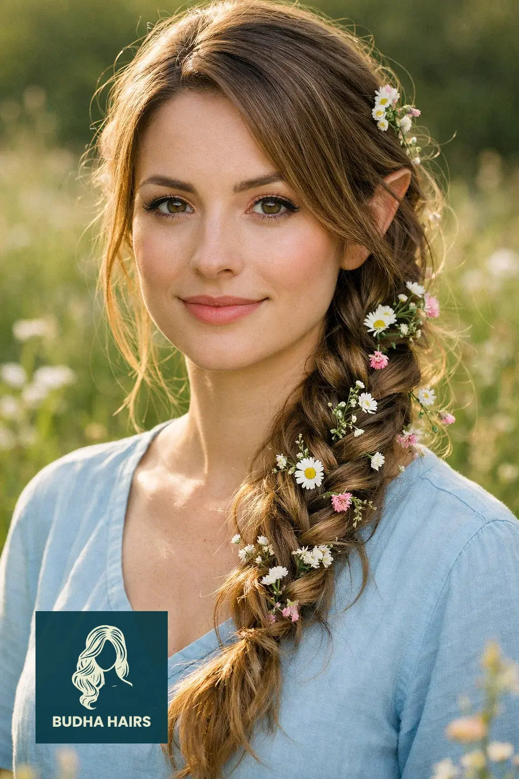 30 Best Fairy Hairstyles: Enchanting, Whimsical & Ethereal Looks 9 Boho Side Braid with Tiny Wildflowers