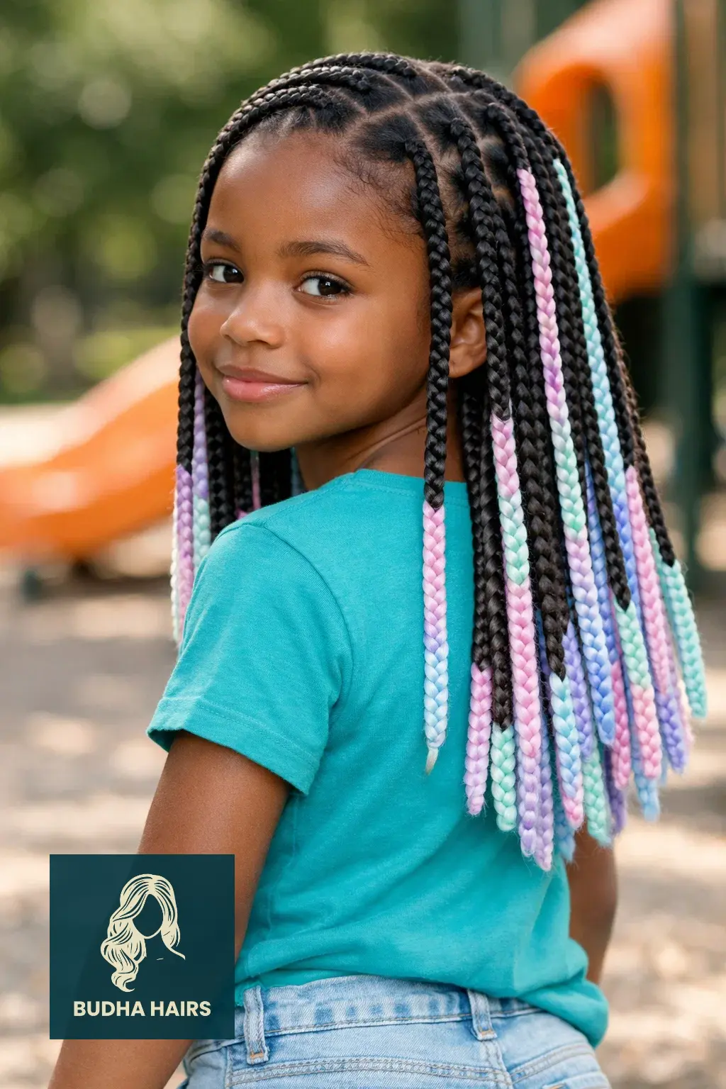30 Adorable Braid Hairstyles for Kids You Will Love 19 Box Braids with Colorful Extensions
