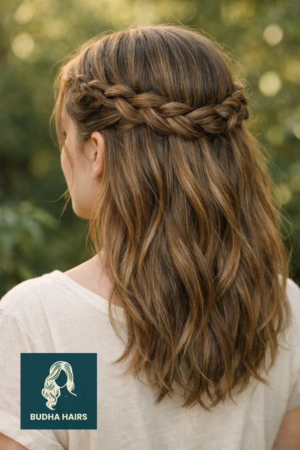 30 Hair Styles For Medium Hair And Creative Ways To Upgrade Your Cut 8 Braided Crown Half-Up Style
