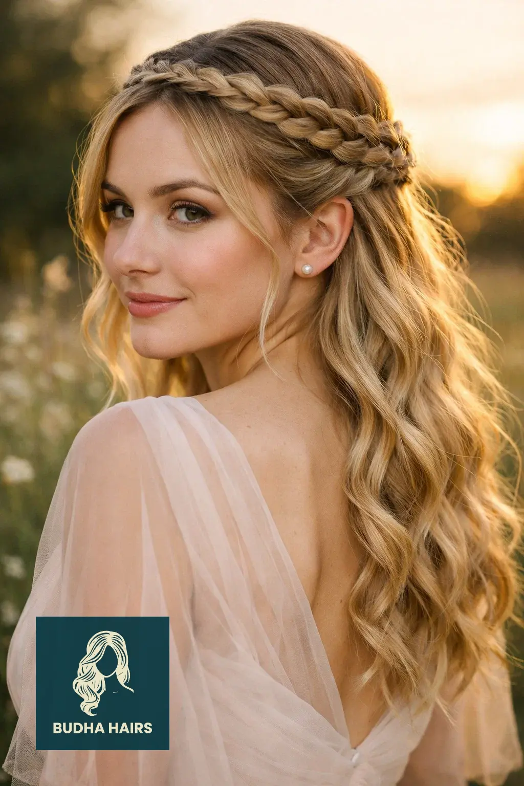 39 Best Hairstyles for Thin Hair for Wedding for a Full Look 3 Braided Half-Up Halo