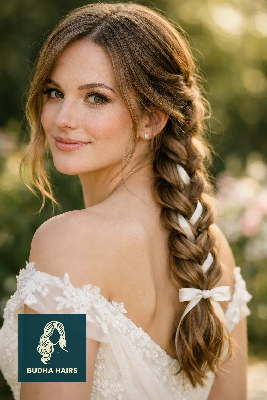 30 Wedding Hairstyles for Long Hair That Turn Heads 17 Braided Low Pony with "Ribbon" Detail