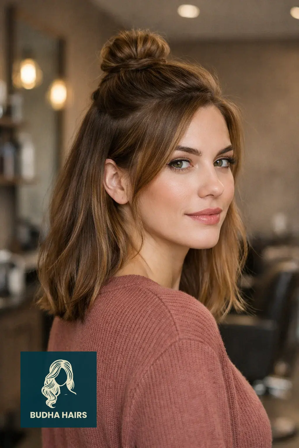 30 Hair Styles For Medium Hair And Creative Ways To Upgrade Your Cut 3 Chic Half-Up Top Knot