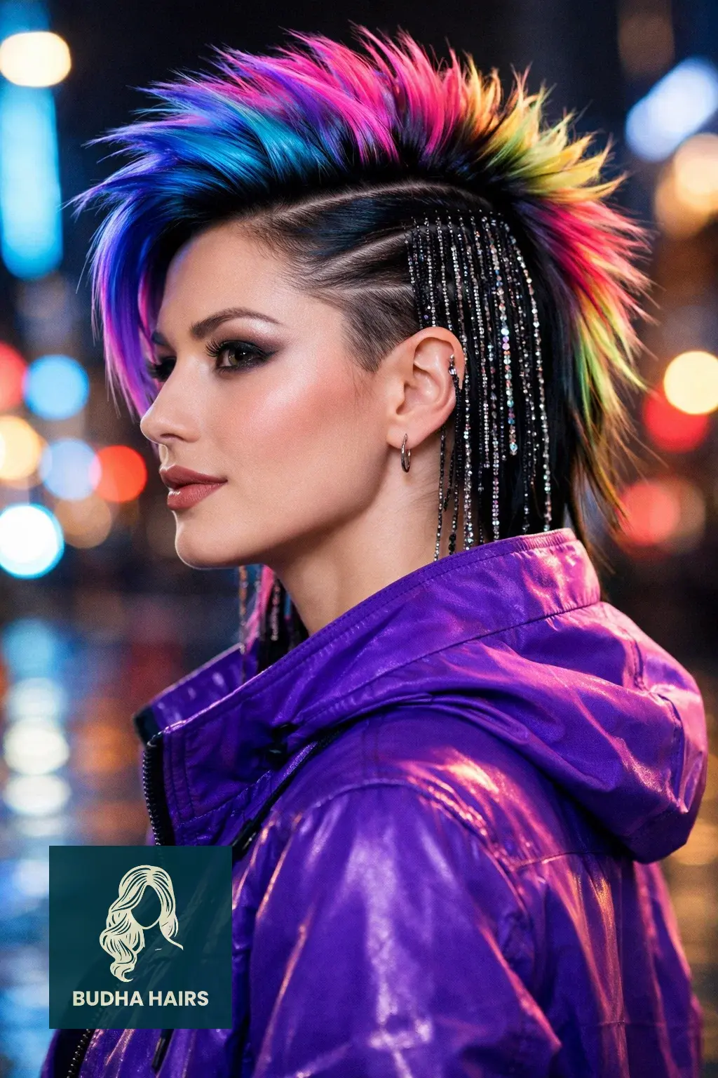 30 Most Enchanting Whimsical Hairstyles for a Magical Look 17 Cyberpunk Neon Mohawk with Beaded Fringe