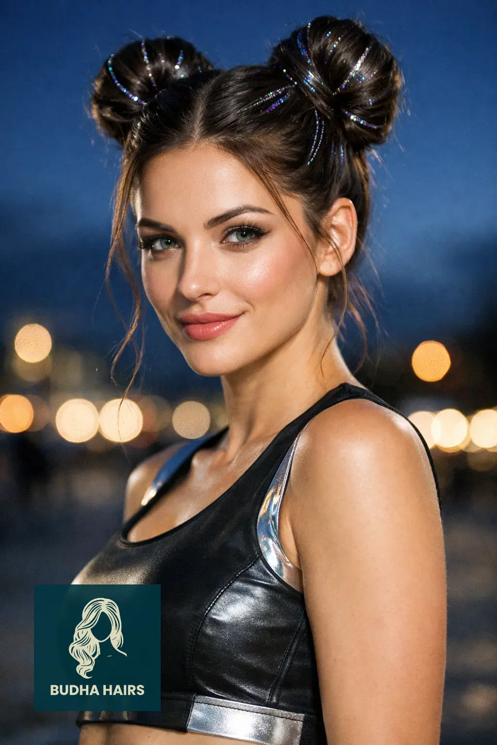 30 Most Enchanting Whimsical Hairstyles for a Magical Look 12 Galactic Space Buns with Holographic Tinsel