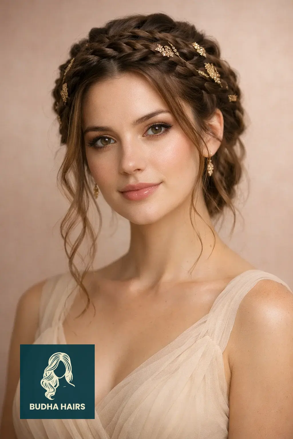 30 Bridesmaid Hairstyles That Blend Elegance with Modern Style 16 Grecian Goddess Braids with Gold Filigree