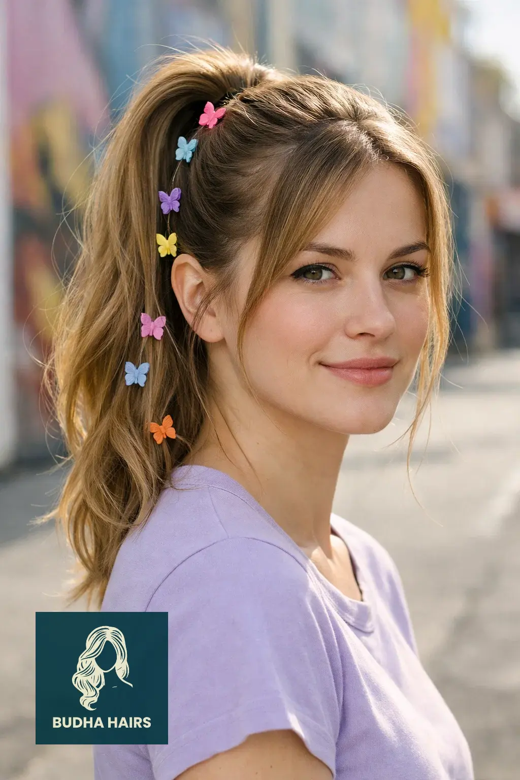 30 Best Cute Hairstyles for Medium Hair for a Sharp, Chic Look 9 High Ponytail with Butterfly Clips