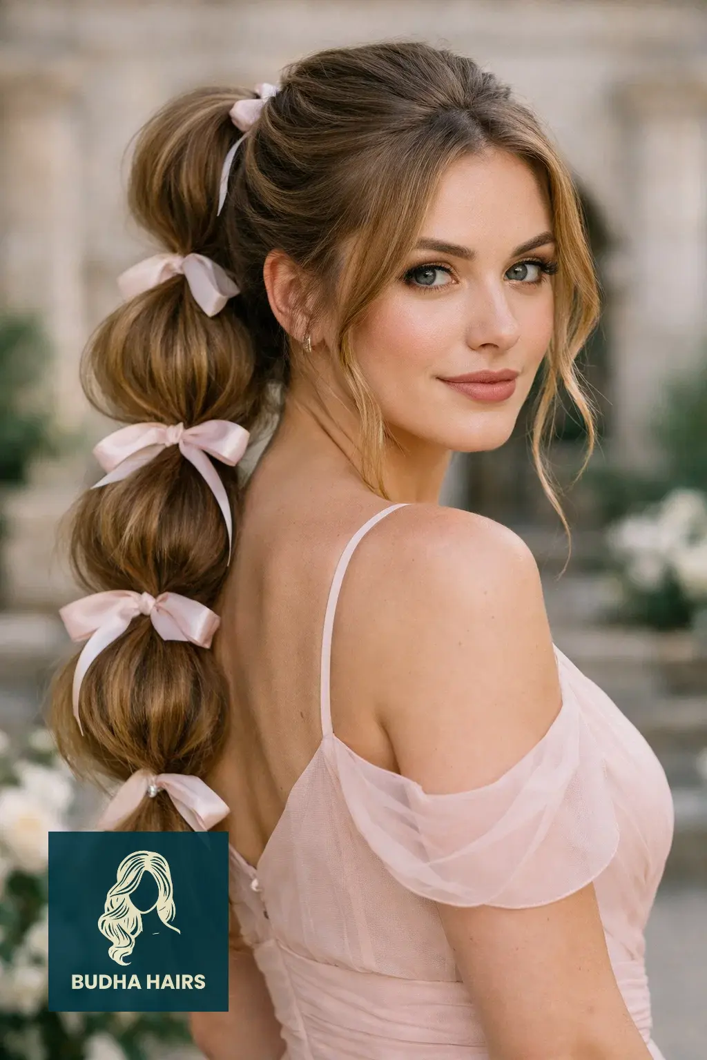 30 Bridesmaid Hairstyles That Blend Elegance with Modern Style 10 High-Volume "Bubble" Ponytail with Ribbons