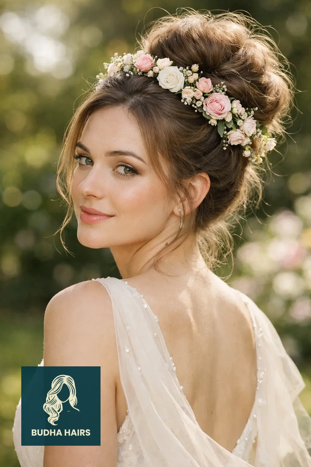 39 Best Hairstyles for Thin Hair for Wedding for a Full Look 39 High-Volume "Cloud" Bun with Floral Crown