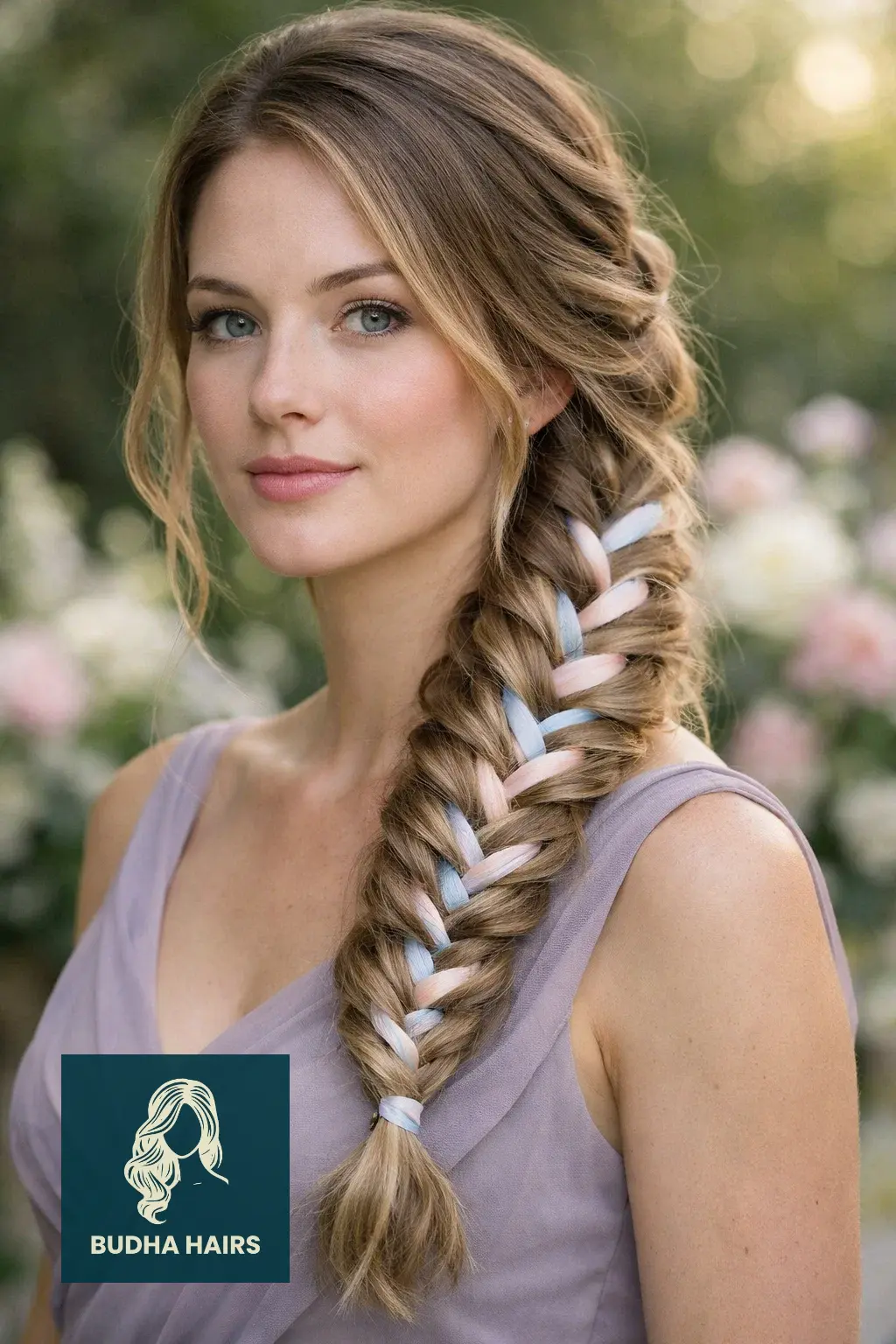 30 Bridesmaid Hairstyles That Blend Elegance with Modern Style 29 Interwoven Ribbon Fishtail Braid
