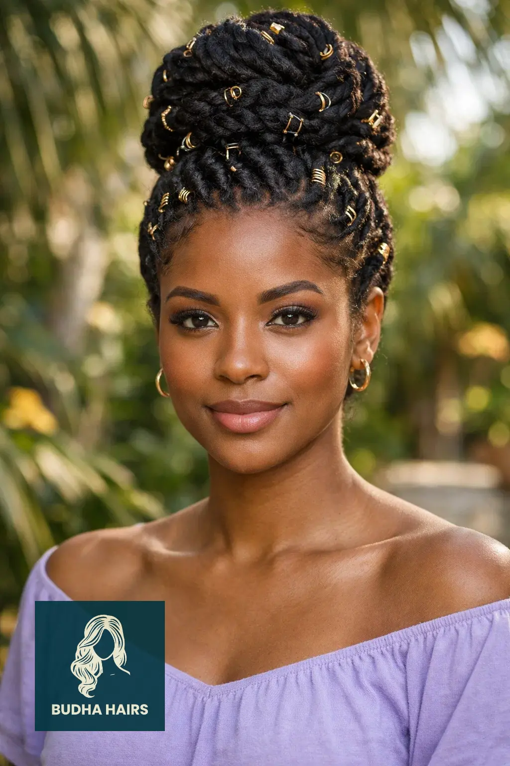 40 Best Vacation Hairstyles for Black Women: Protective & Chic 37 Intricate Updo with Gold Hair Rings