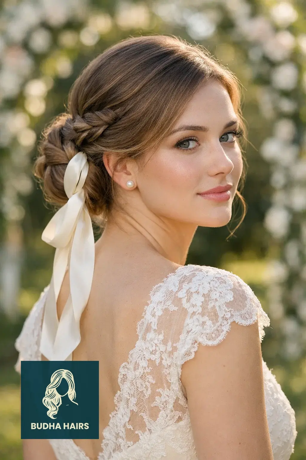 39 Best Hairstyles for Thin Hair for Wedding for a Full Look 11 Low Braided Bun with Silk Ribbon