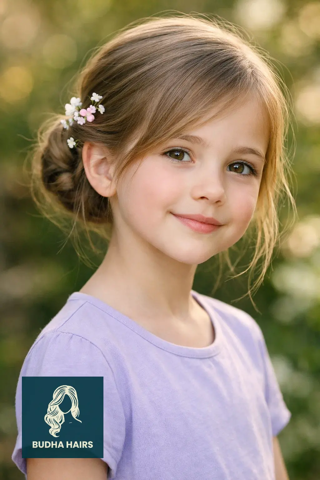 30 Best Hairstyles for Thin Hair for Kids for a Full Look 29 Low Chignon with Floral Clips