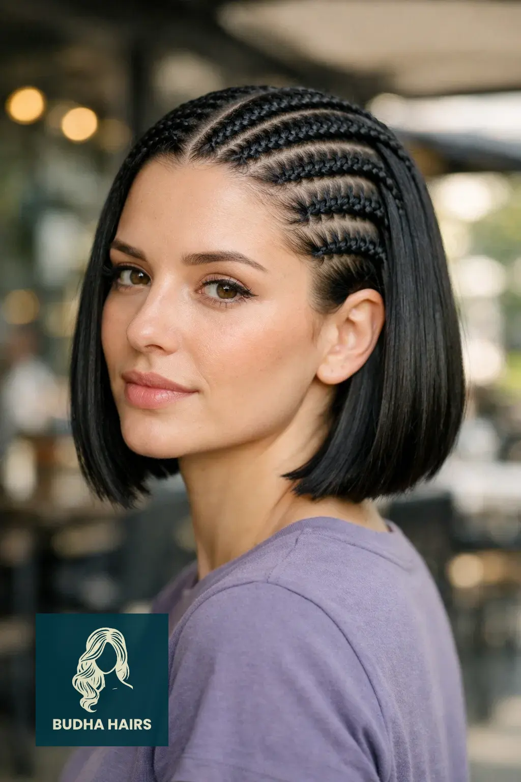 30 Best Braids with Sew In in the Back for a Glamorous Look 9 Middle-Part Cornrows with Sleek Bob Sew-In