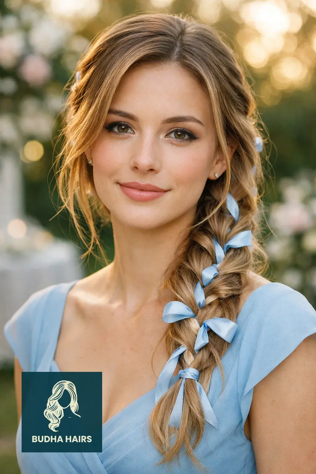 40 Timeless Wedding Guest Hairstyles That Never Go Out of Style 34 Ribbon-Laced Low Braid for a Romantic Glow