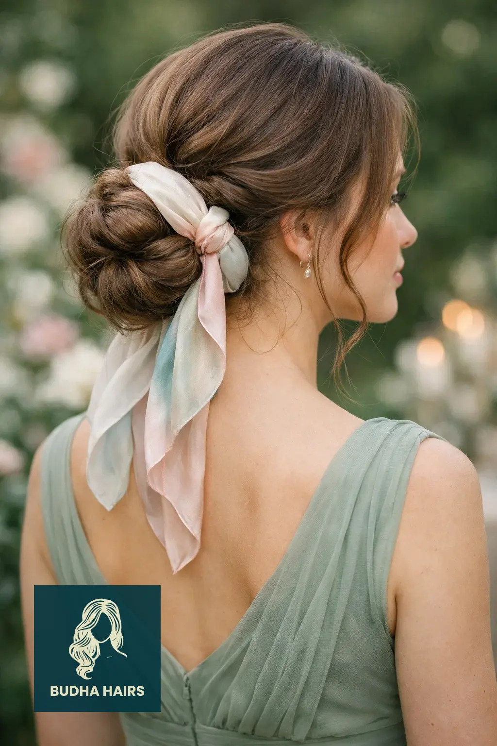30 Bridesmaid Hairstyles That Blend Elegance with Modern Style 19 Romantic Scarf-Wrapped Low Updo