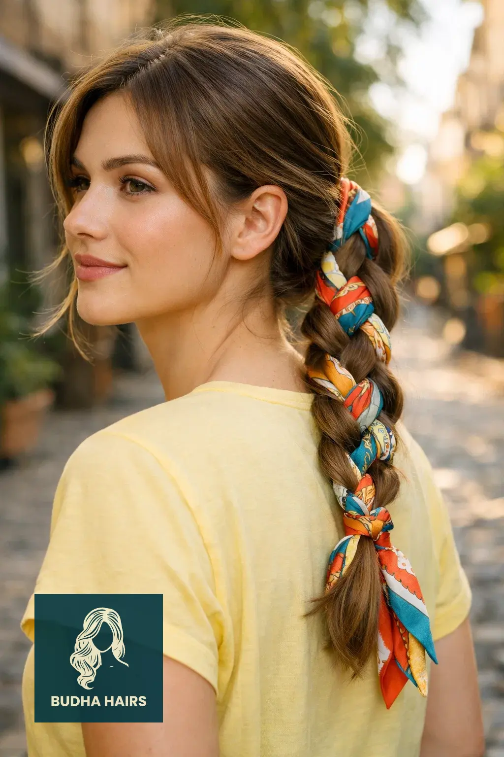 30 Best Cute Hairstyles for Medium Hair for a Sharp, Chic Look 19 Scarf-Braided Ponytail for a Pop of Color
