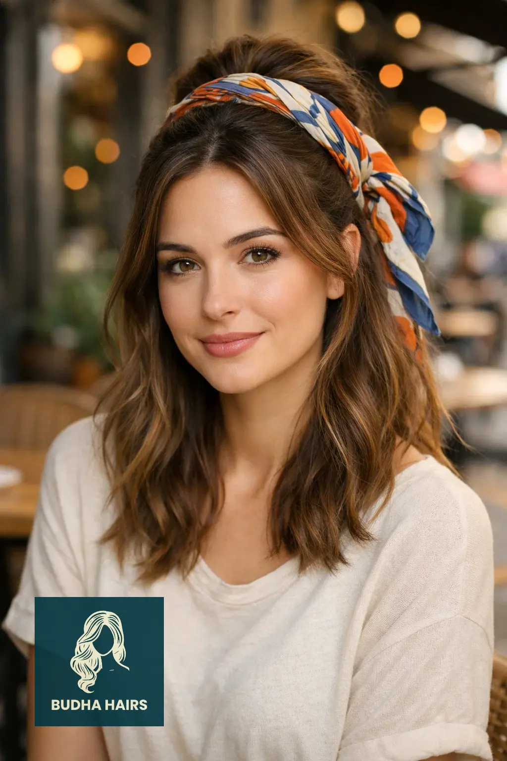 30 Hair Styles For Medium Hair And Creative Ways To Upgrade Your Cut 17 Scarf-Wrapped Half-Up Look