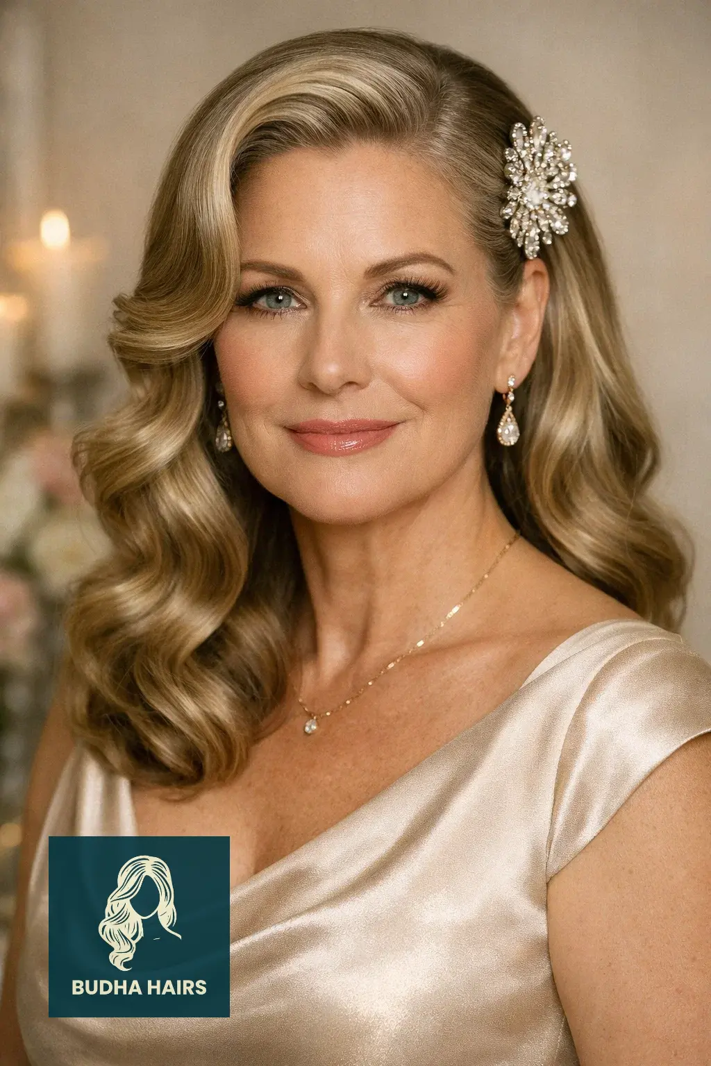 30 Best Mother of the Bride Hairstyles: 2026 Wedding Guide 21 Side Pinned Hollywood Waves with a Statement Clip 1