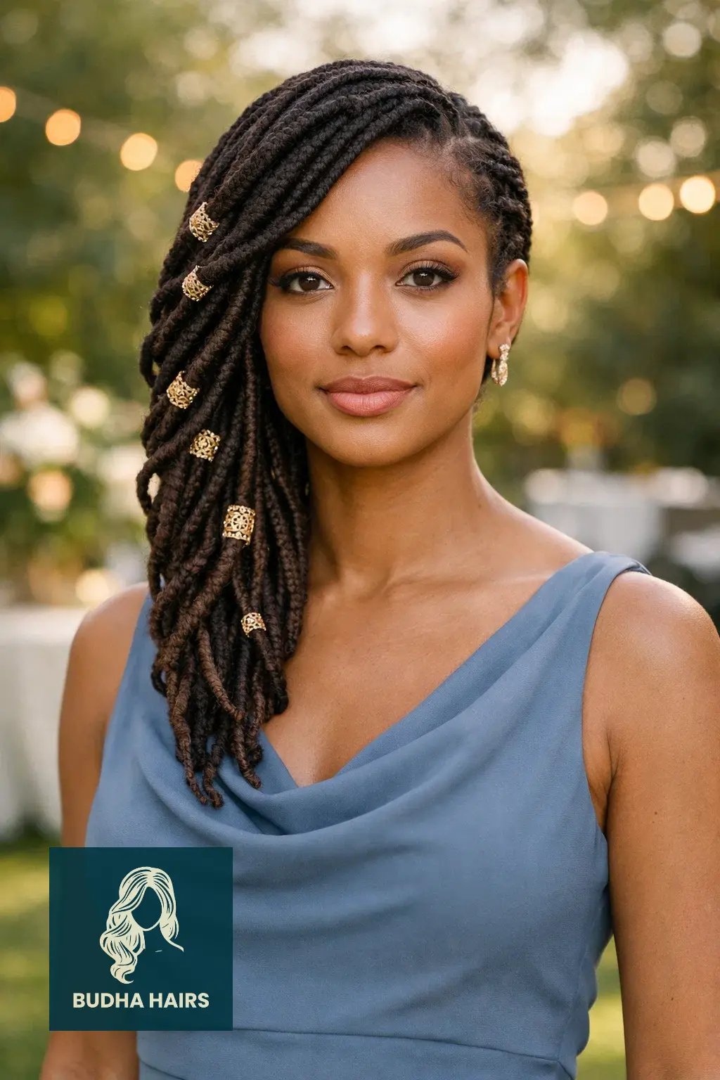40 Timeless Wedding Guest Hairstyles That Never Go Out of Style 25 Side-Swept Braided Locs with Gold Filigree