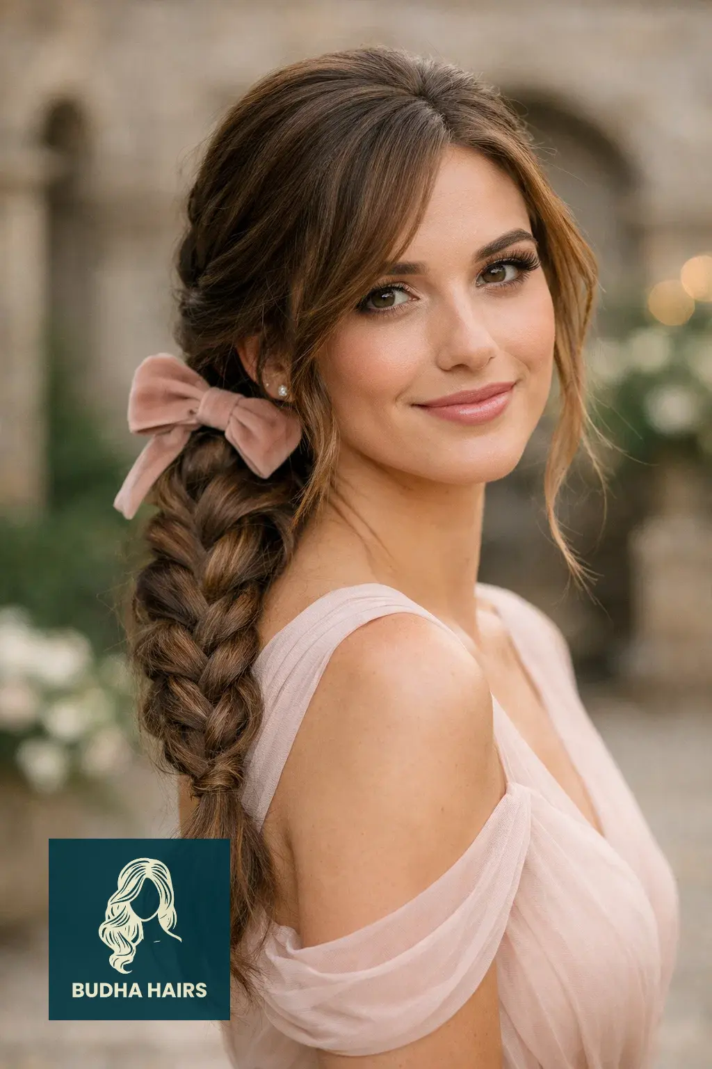 30 Bridesmaid Hairstyles That Blend Elegance with Modern Style 14 Side-Swept Braided Ponytail with Velvet Bow