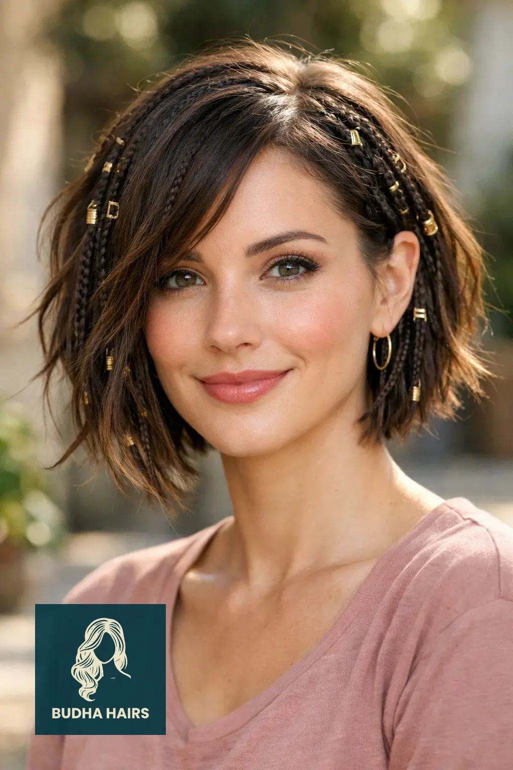 35 Stylish Boho Bob Knotless Braids for Fresh Looks 32 Side-Swept Romantic Bob with Gold Hair Rings