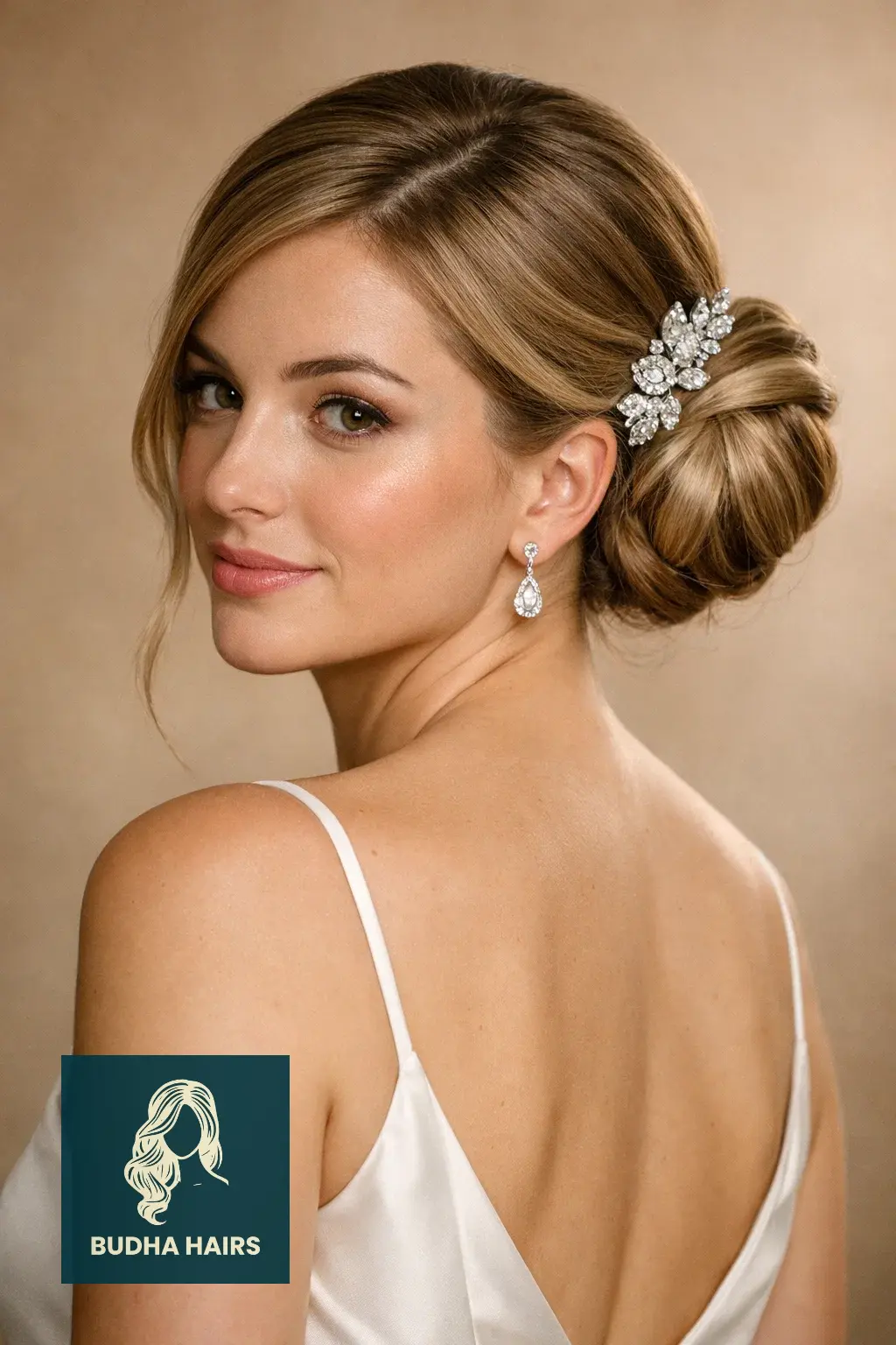 39 Best Hairstyles for Thin Hair for Wedding for a Full Look 27 Sleek Asymmetrical Knot with "Jeweled" Clip
