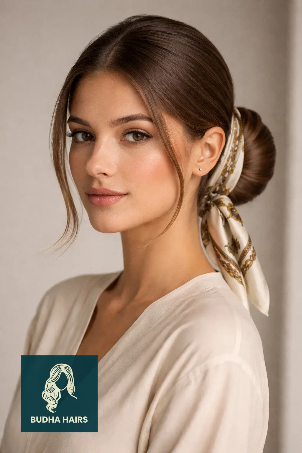 30 Best Cute Hairstyles for Medium Hair for a Sharp, Chic Look 4 Sleek Low Bun with a Silk Scarf
