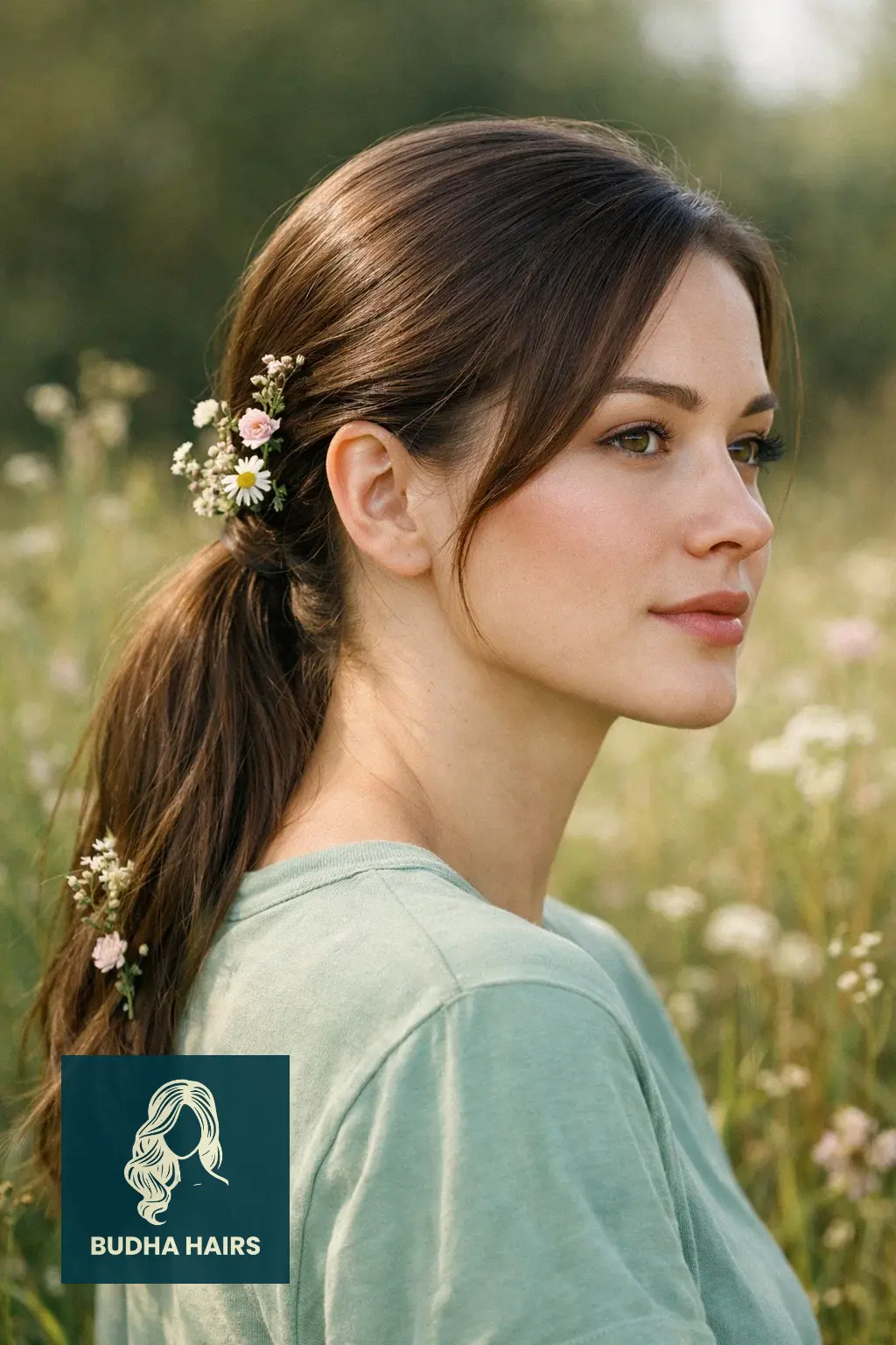 30 Best Fairy Hairstyles: Enchanting, Whimsical & Ethereal Looks 23 Sleek Low Pony with Tucked Wildflowers