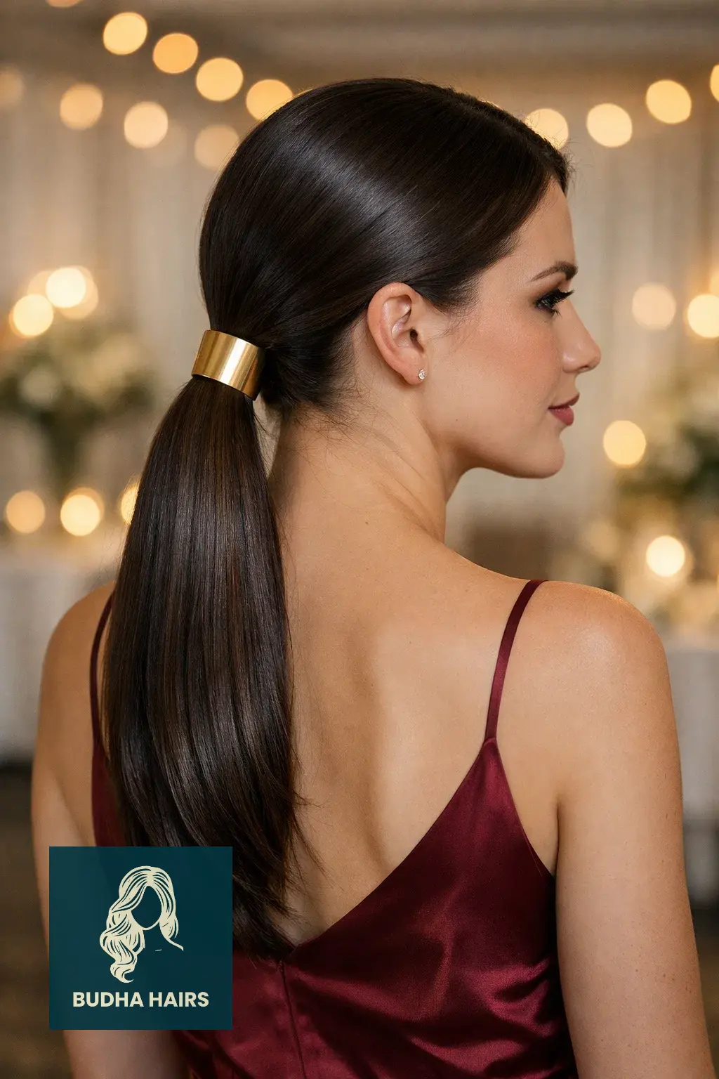 30 Bridesmaid Hairstyles That Blend Elegance with Modern Style 7 Sleek Low Ponytail with Metallic Wrap