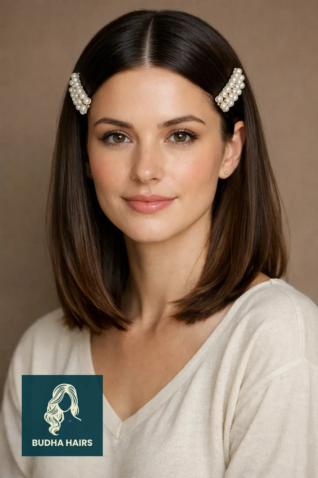 30 Best Cute Hairstyles for Medium Hair for a Sharp, Chic Look 10 Sleek Middle Part with Pearl Barrettes