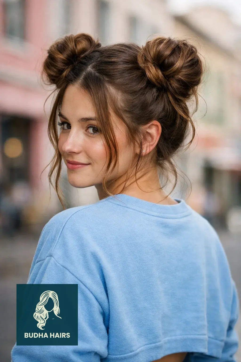30 Best Cute Hairstyles for Medium Hair for a Sharp, Chic Look 3 Space Buns with Loose Tendrils