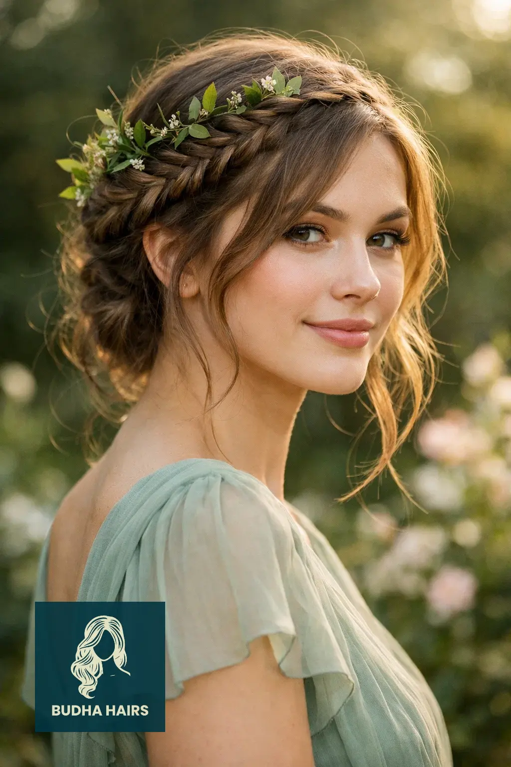 40 Best Engagement Hairstyles for a Romantic, Radiant Look 31 Textured Fishtail Crown with Fresh Greenery