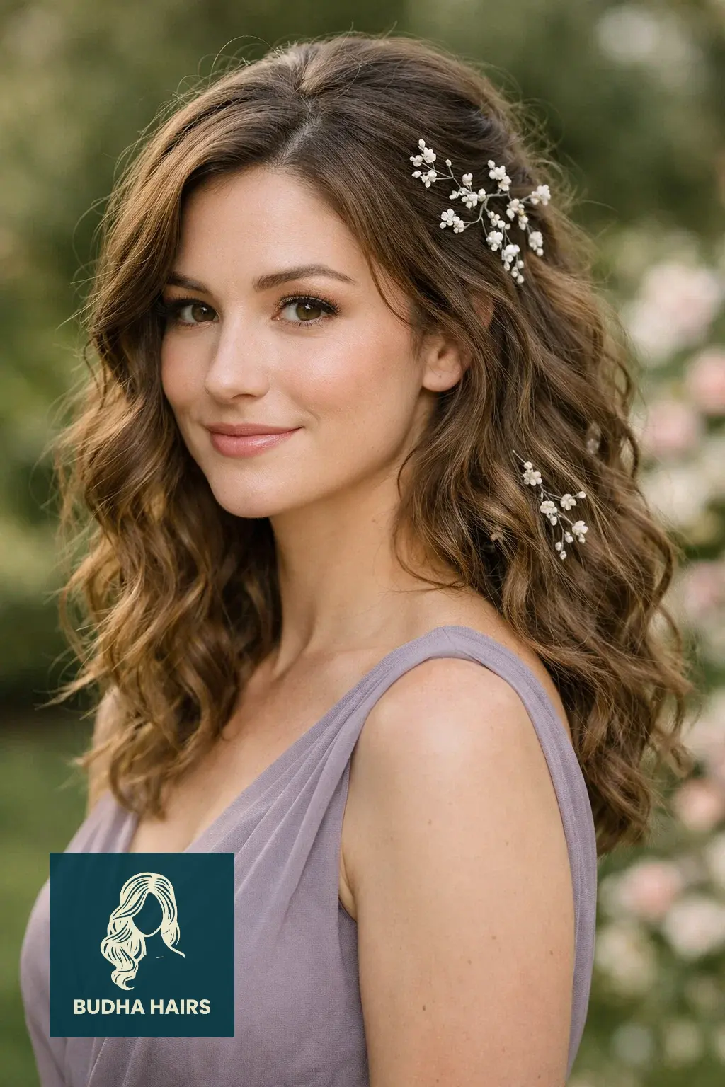 30 Bridesmaid Hairstyles That Blend Elegance with Modern Style 17 Textured Loose Curls with Floral "Vine" Pins