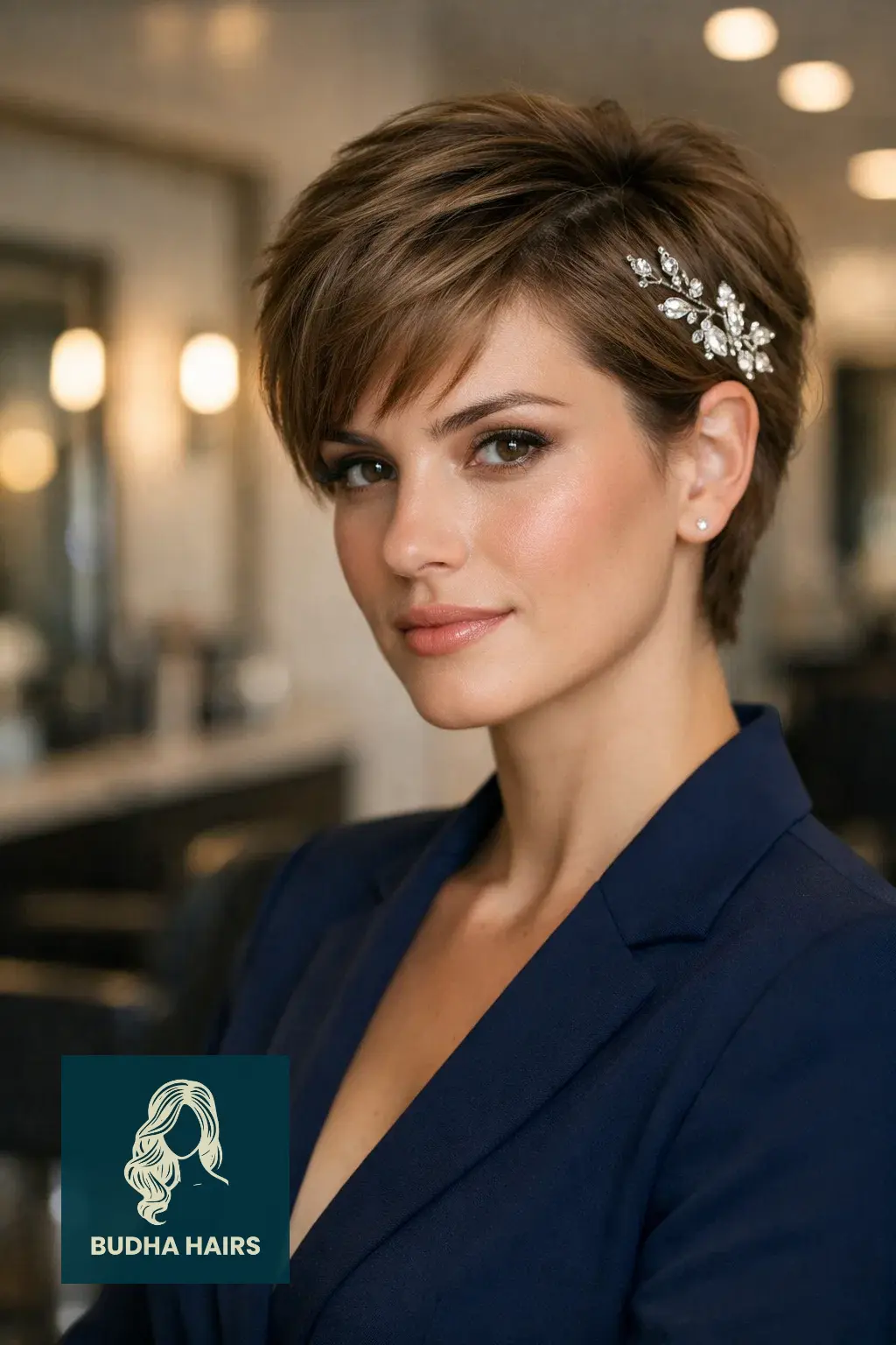 40 Timeless Wedding Guest Hairstyles That Never Go Out of Style 6 Textured Pixie with Jewel Accents
