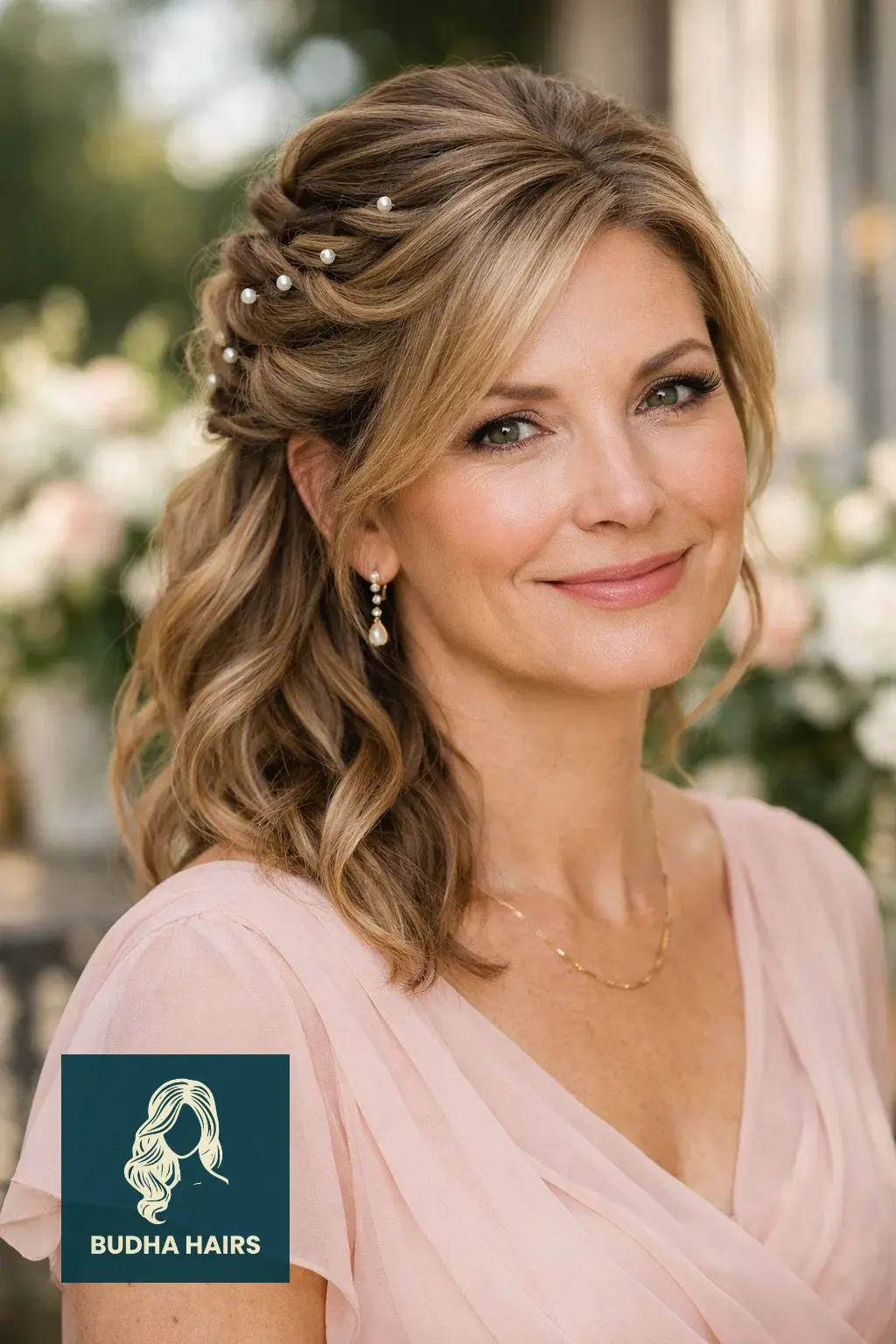 30 Best Mother of the Bride Hairstyles: 2026 Wedding Guide 24 Textured Twisted Half-Up with Pearl Accents