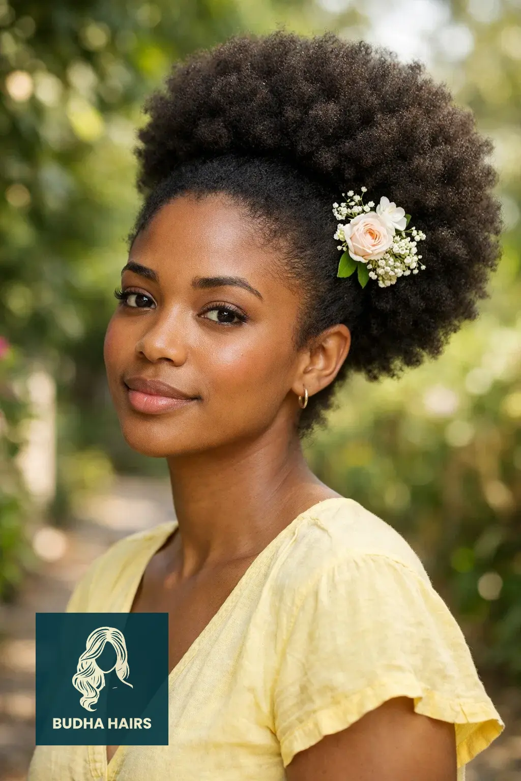 40 Best Vacation Hairstyles for Black Women: Protective & Chic 7 The Classic Afro Puff with a Floral Accessory