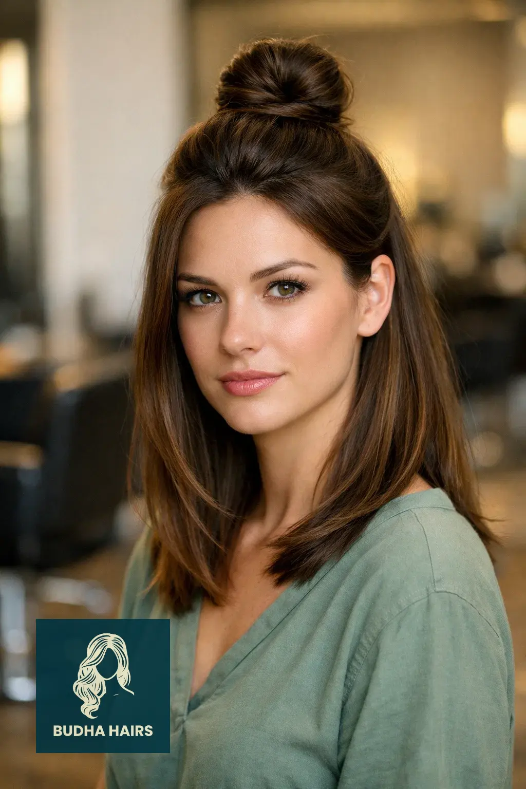 30 Best Cute Hairstyles for Medium Hair for a Sharp, Chic Look 2 The Classic Half-Up Top Knot