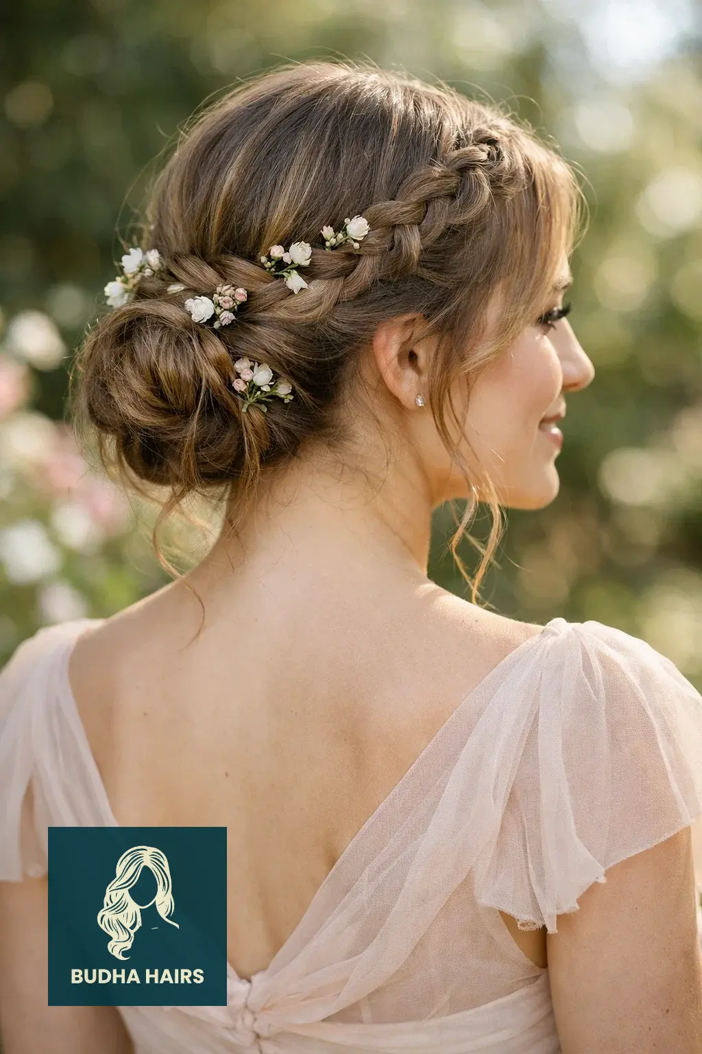 40 Best Engagement Hairstyles for a Romantic, Radiant Look 21 The Crown-Braided Low Bun with Floral Vines
