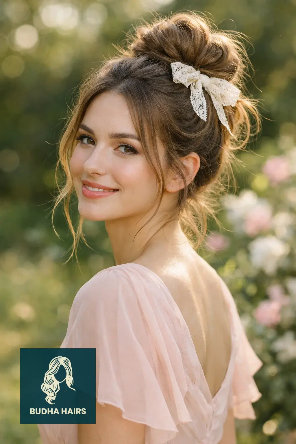 40 Best Engagement Hairstyles for a Romantic, Radiant Look 35 The "Effortless" Messy Bun with Lace Bow