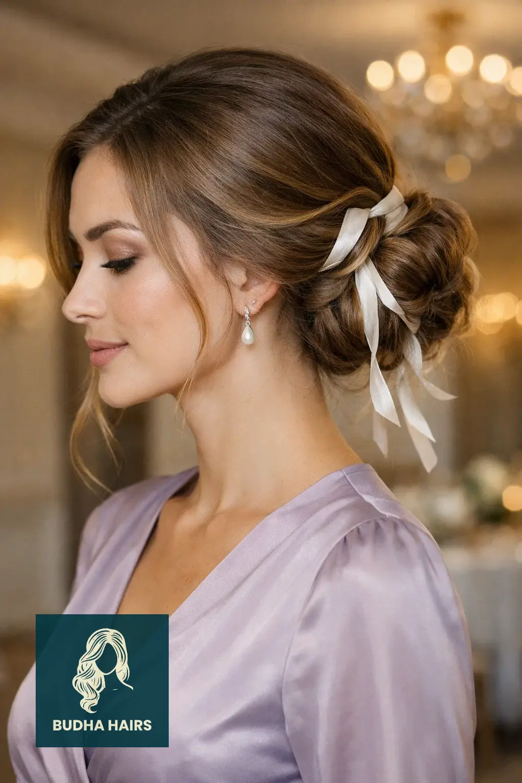 40 Timeless Wedding Guest Hairstyles That Never Go Out of Style 1 The Ethereal Low Chignon with Silk Ribbons