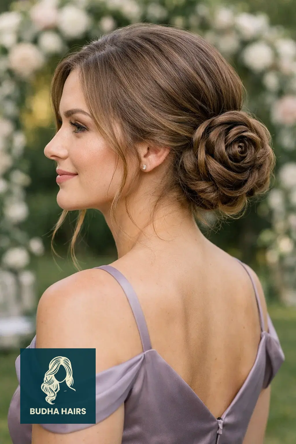 30 Bridesmaid Hairstyles That Blend Elegance with Modern Style 1 The Low Romantic Rose Bud Bun