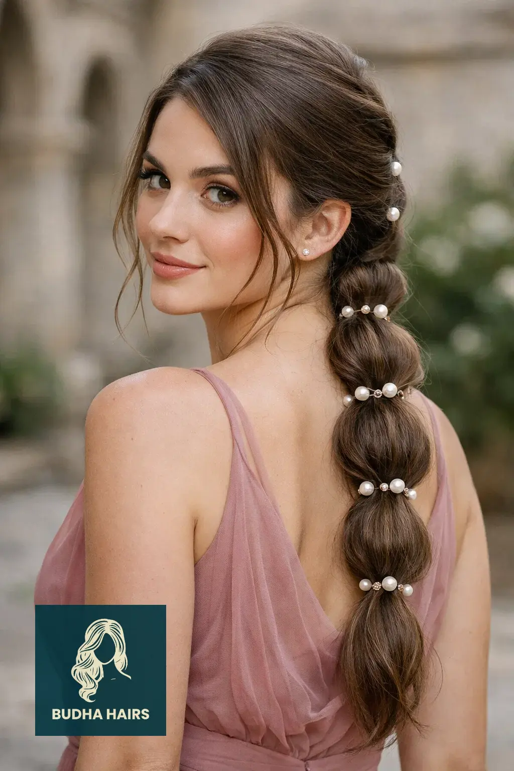 30 Bridesmaid Hairstyles That Blend Elegance with Modern Style 23 The Low Sleek Bubble Braid with Pearl Pins
