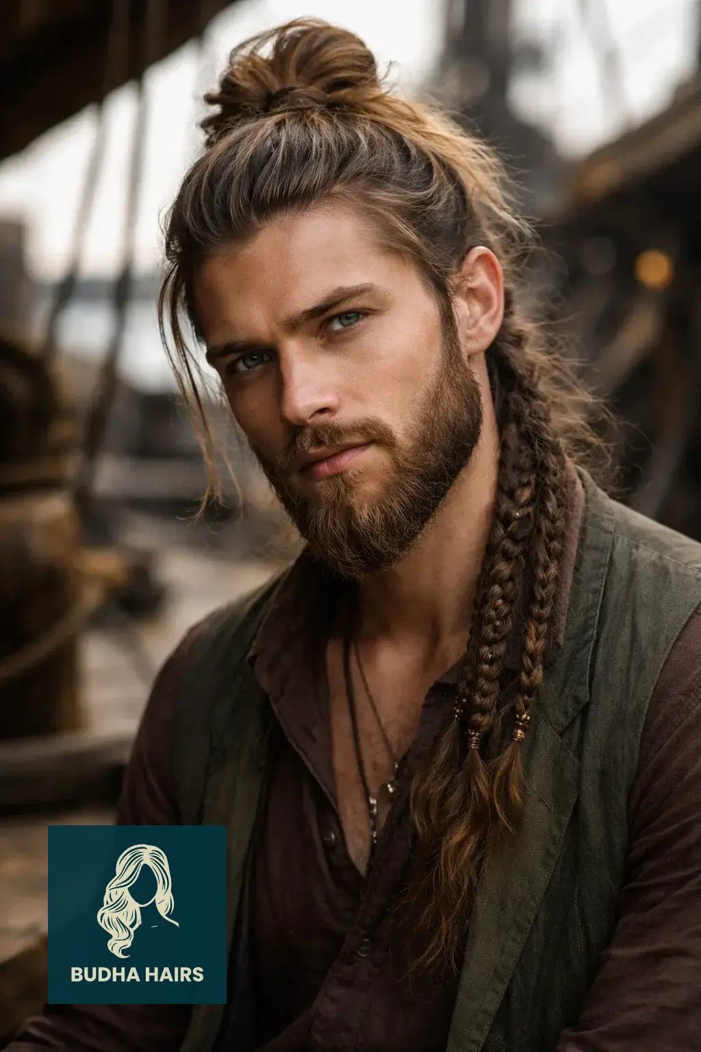 40 Best Pirate Hairstyles for Men: Rugged & Modern Looks 26 The Messy Top Knot with Intricate Beard Braids