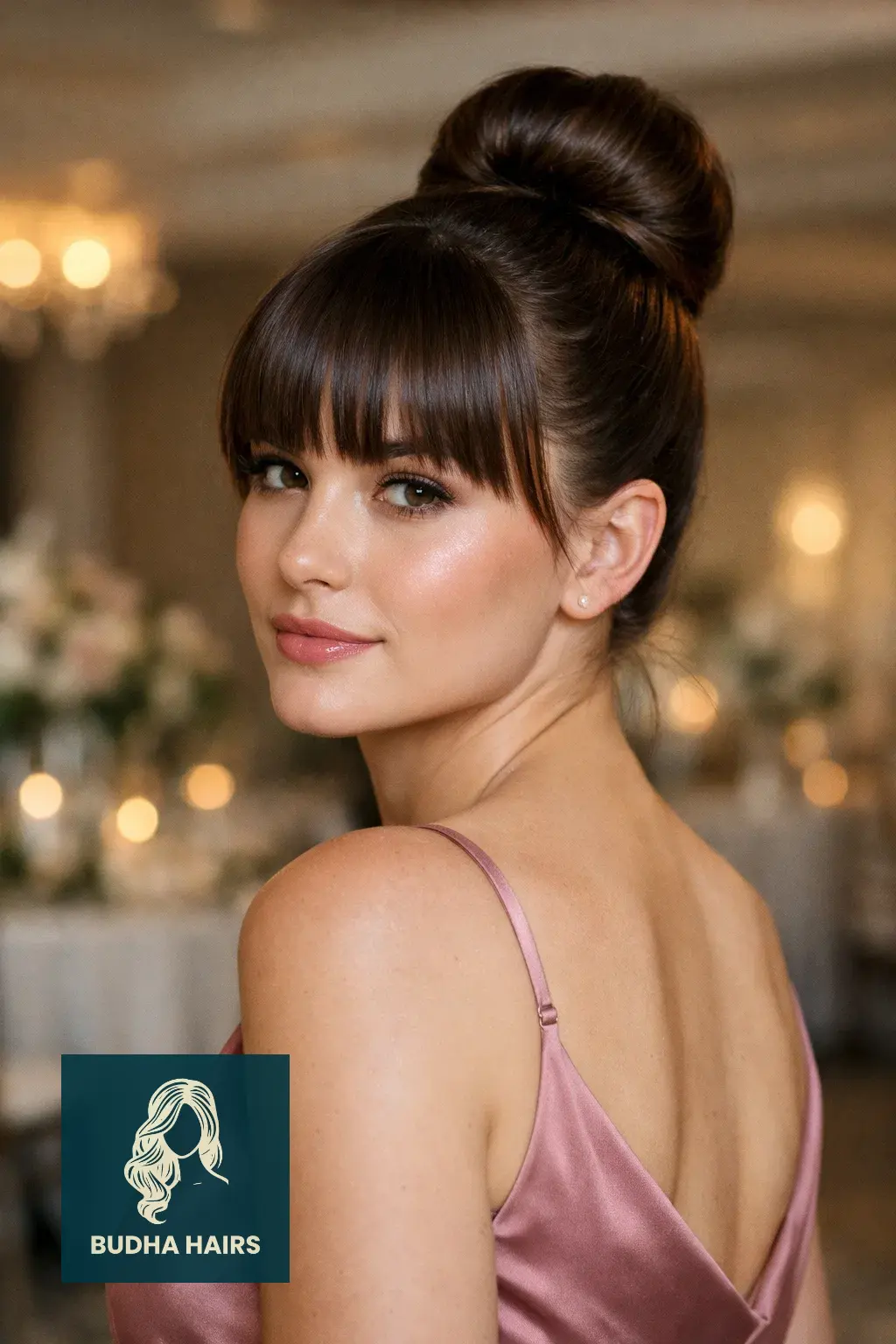 30 Bridesmaid Hairstyles That Blend Elegance with Modern Style 18 The Polished Top-Knot with Sleek Bangs