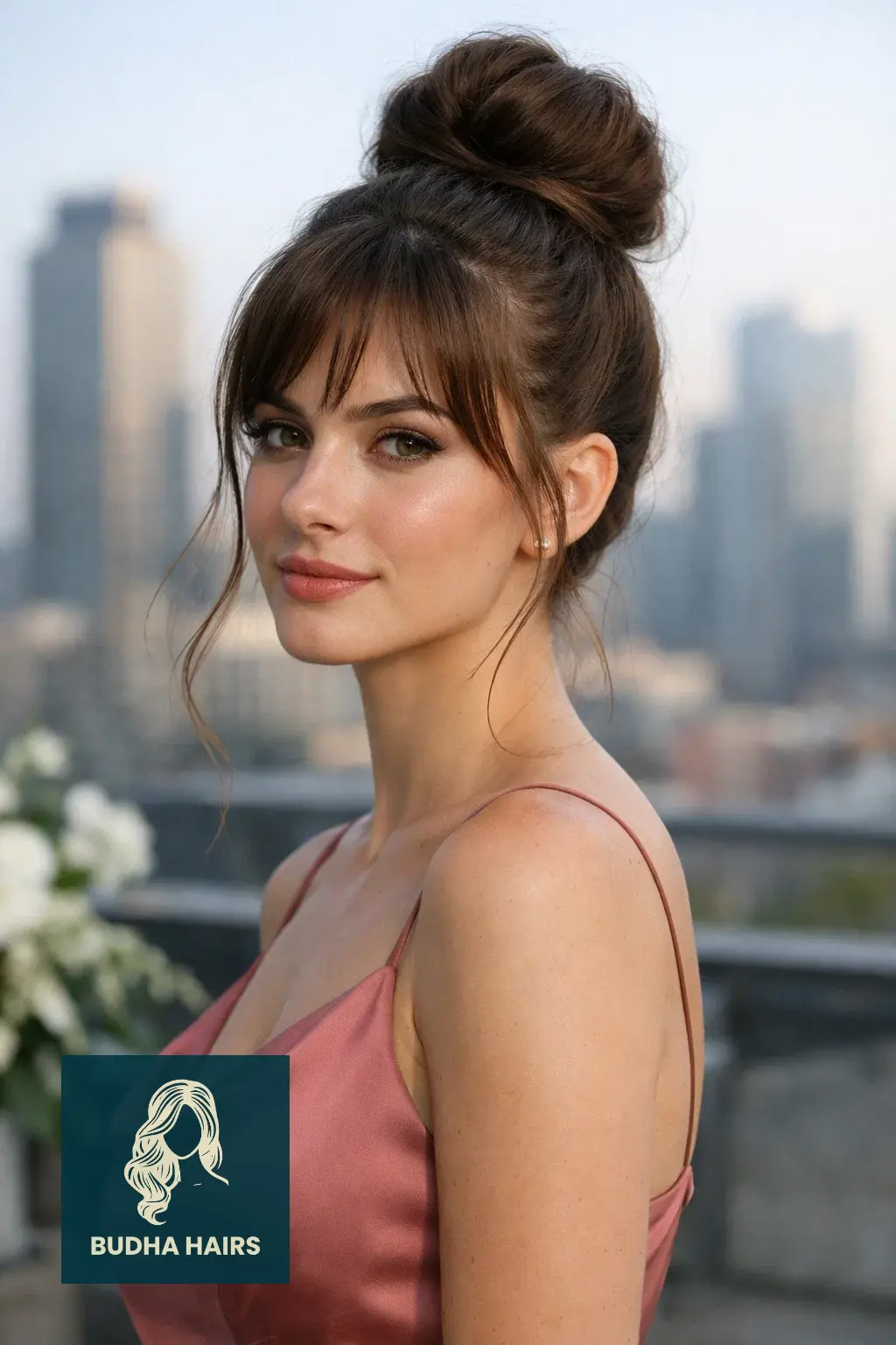 30 Bridesmaid Hairstyles That Blend Elegance with Modern Style 5 The Sculptural High Top-Knot with Face-Framing Fringe
