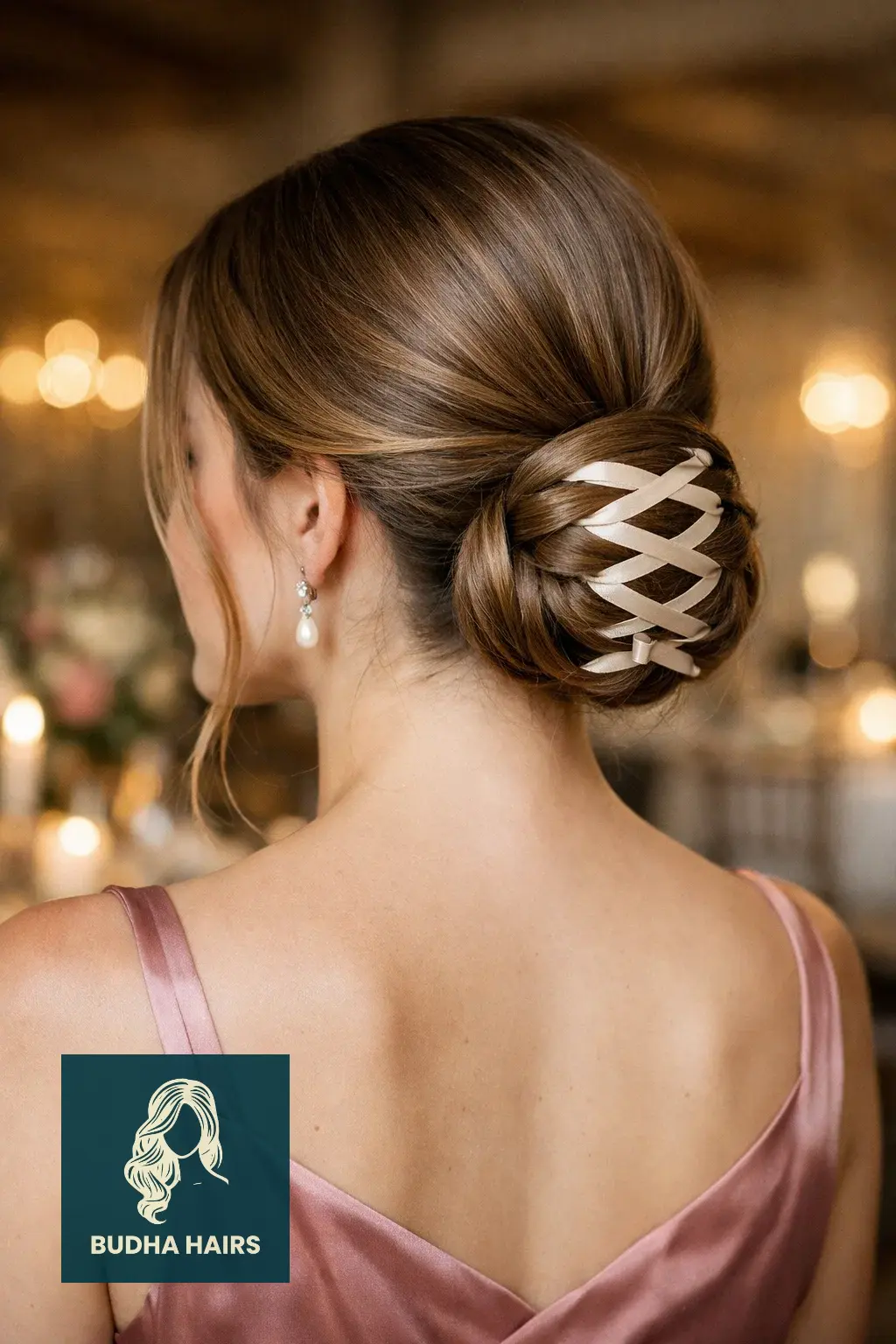 30 Bridesmaid Hairstyles That Blend Elegance with Modern Style 27 The Sleek Chignon with Ribbon "Corset" Detail