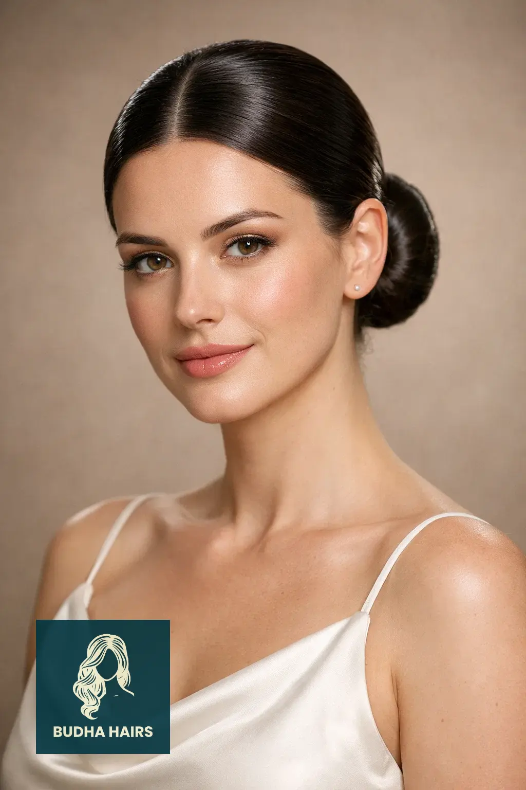30 Bridesmaid Hairstyles That Blend Elegance with Modern Style 12 The Sleek Glass-Finish Middle Bun